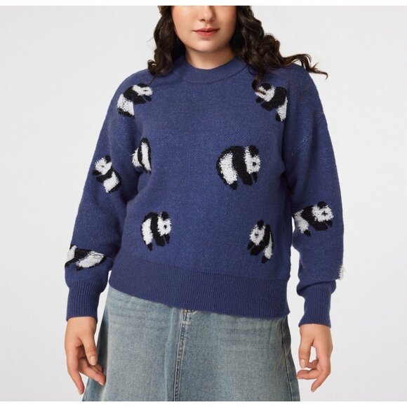 Cider Sweaters - Cider Women’s Round Neckline Panda Knitted Sweater Blue M